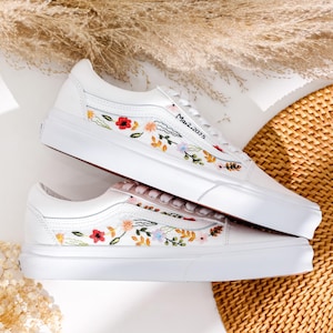 Wedding Embroidered Vans for Bride and Groom, Bridal Flowers Embroidered Vans Shoes, Bridal Floral Embroidery Vans Slip On Custom