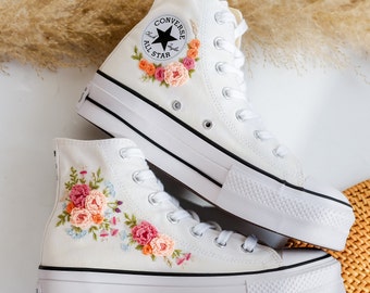 Custom Embroidered Platform Converse, Wedding Flower Embroidered Shoes for Bride, Bridal Flowers Embroidered Sneakers, Boho Wedding Gift