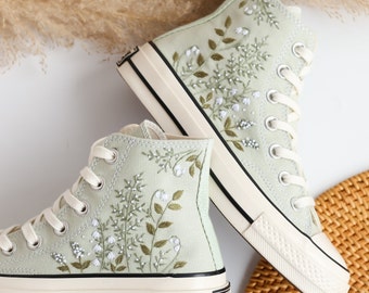 Tênis Converse de cano alto personalizados para casamento, sapatos bordados com flores de noiva, tênis bordados com flores de casamento, presentes personalizados para namorada