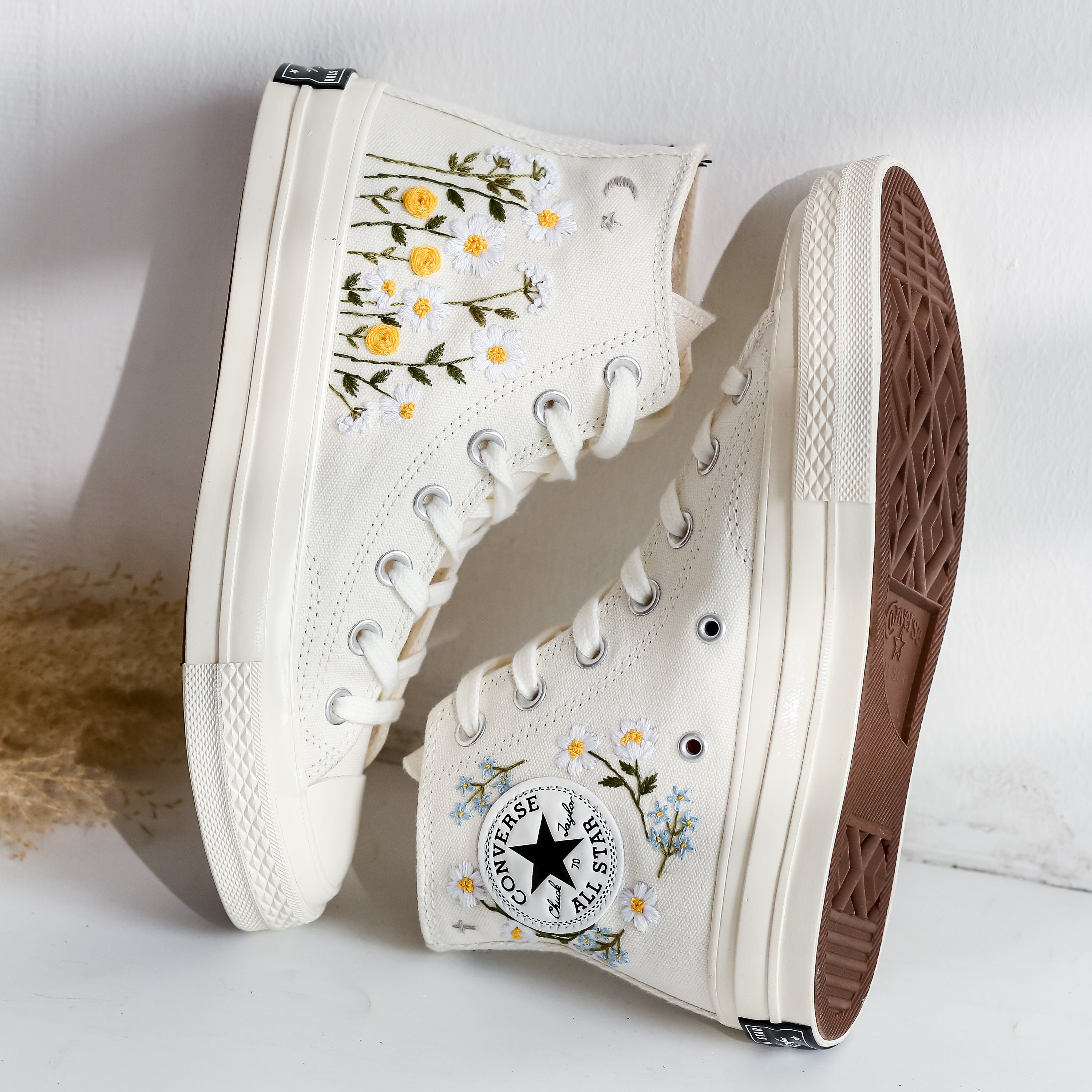 Custom Embroidered Wedding Sneakers, White Flower Embroidered