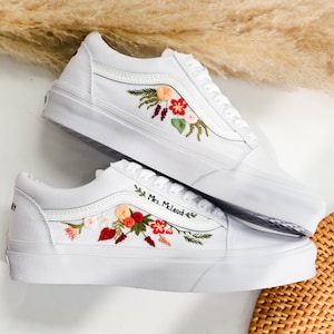 Custom Wedding Vans Shoes, Bridal Flowers Embroidered Vans, Floral Embroidered Vans Slip On Custom, Personalized Sneaker for Bride