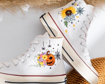 Niestandardowe buty Converse Chuck Taylor z haftem na Halloween, haft słonecznika i dyni Converse, wyjątkowe buty sportowe z haftem, prezent na Halloween