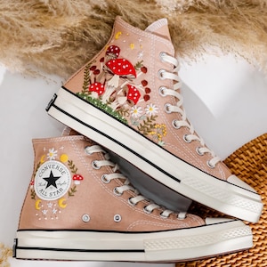 Mushroom Embroidered Converse High Tops, Custom Converse Embroidery Frog, Mushrooms Embroidered Sneakers, Mushroom Shoes, Mushroom Gifts