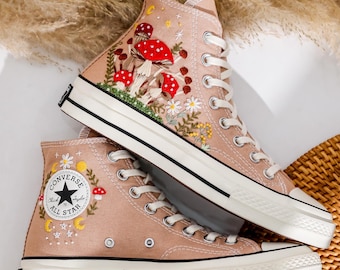 Mushroom Embroidered Converse High Tops, Custom Converse Embroidery Frog, Mushrooms Embroidered Sneakers, Mushroom Shoes, Mushroom Gifts