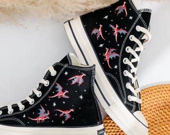 Embroidered Converse High Tops Chuck Taylor, Dragon Embroidered Converse Shoes, Dragon Embroidered Sneaker Custom, Black Converse for Men
