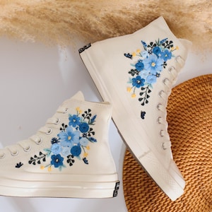 Wedding Converse High Tops, Blue Bridal Flower Embroidered Converse, Shoes Embroidery Wedding Flower for Bride, Floral Embroidered Sneaker