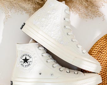 Custom Wedding Platform Shoes, White Flowers Embroidered Sneakers for Bride, Embroidered Wedding Reception Shoes,Personalized Bridal Sneaker