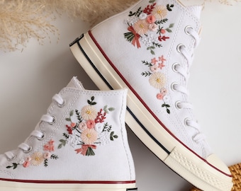 Wedding Converse High Tops, Bridal Wedding Bouquet Embroidered Shoes Taylor 1970 Custom, Wedding Flowers Embroidered Sneaker, Wedding Gifts