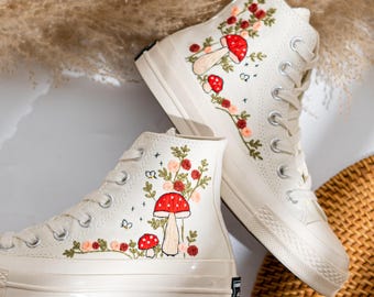 Custom Embroidered Converse Chuck Taylor High Tops, Converse Embroidery Mushroom And Rose, Custom Wedding Sneakers Embroidered, Gift For Her