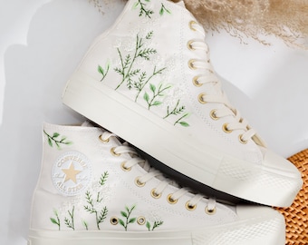 Wedding Converse Platform Embroidered Flower, White Flower Embroidered Shoes Custom, Bridal Flower Embroidery Shoes for Bride, Wedding Gift
