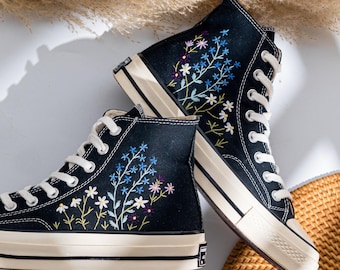 Custom Embroidered Converse Chuck Taylor High Top, Black Converse Sneakers Embroidery Wildflower, Vintage Floral Converse Custom, Women Gift