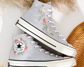 Custom Embroidered Converse High Tops, Small Flower Embroidered Converse Shoes, Flowers Embroidered Sneakers, Anniversary Gifts for Her