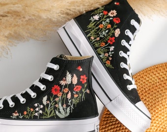 Custom Wedding Converse Platform, Bridal Flowers Embroidered Sneakers, Flowers Embroidered Converse for Wedding, Personalized Bridal Sneaker