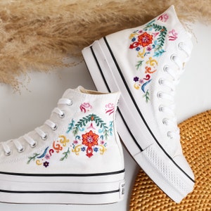 Custom Wedding Converse Platform, Wedding Flowers Embroidered Platform Shoes, Bridal Flowers Embroidered Sneakers Custom, Wedding Gifts
