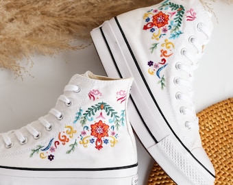 Custom Wedding Converse Platform, Wedding Flowers Embroidered Platform Shoes, Bridal Flowers Embroidered Sneakers Custom, Wedding Gifts