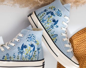 Custom Embroidered Converse Chuck Taylor High Top, Converse Embroidery Spring Floral Blue, Custom Bride Shoes Embroidered Floral, Women Gift
