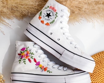 White Platform Wedding Sneakers, Bridal Flower Embroidered Converse, Rustic Wedding Flower Embroidered Shoes for Bride, Dusty Pink Wedding