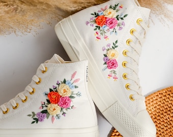 Custom Embroidered Wedding Sneakers, Wedding Flowers Embroidered Shoes, Bridal Flowers Embroidered Sneakers, Personalized Bridal Sneakers