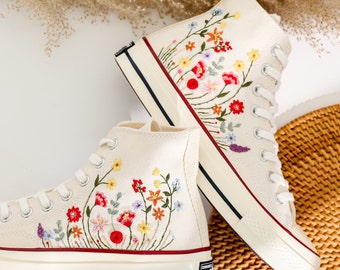 Custom Converse Taylor 1970s Garden Flowers Embroidered Shoes, Flower Embroidered Converse, Wildflowers Embroidered Sneaker, Valentine Gift
