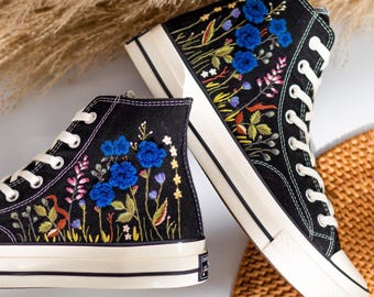 Custom Floral Embroidered Converse, Wildflower Field Embroidery Handmade Sneakers Custom, Artistic Floral Converse Shoes, Women Gift Idea