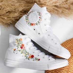 Custom Wedding Converse For Bride, Bridal Flowers Embroidered Shoes for Wedding, Floral Embroidered   Sneakers Wedding, Rustic Wedding Gift