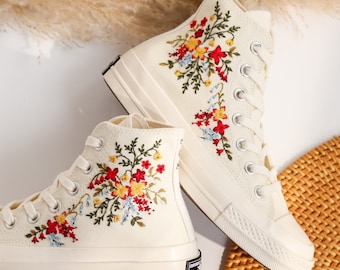 Wedding Sneaker for Bride, Wedding Flowers Embroidered Converse Custom, Wildflower Bridal Bouquet Embroidered Shoes, Gifts for Girlfriend