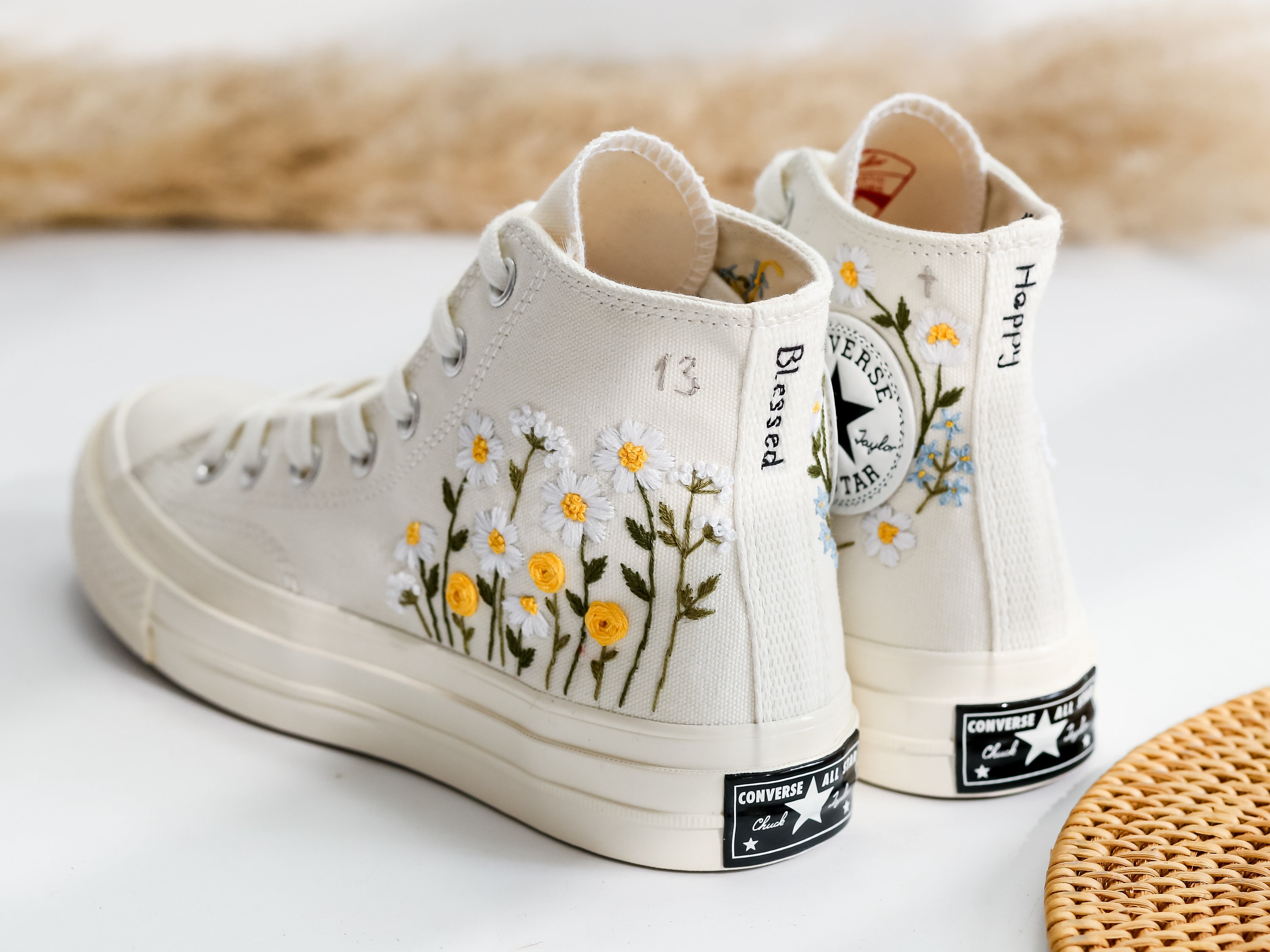 Custom Embroidered Wedding Sneakers, White Flower Embroidered