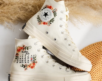 Zapatos de boda para novia, Converse de plataforma con flores bordadas, zapatos de boda con flores bordadas, zapatillas de novia personalizadas.