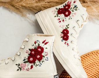 Burgundy Wedding Converse for Bride, Burgundy Wedding Bouquet Embroidered Shoes, Bridal Flower Embroidered Sneakers, Boho Wedding Gifts