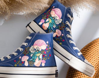 Custom Embroidered Converse High Tops, Converse Embroidery Fairy Frog With Mushroom & Flowers, Unique Embroidered Sneakers, Custom Gift Idea