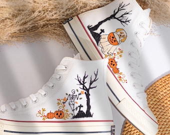 Zapatillas Converse de caña alta bordadas personalizadas para Halloween, Converse con perro y calabaza espeluznantes bordados, zapatos de Halloween con esqueleto bordado, regalo único