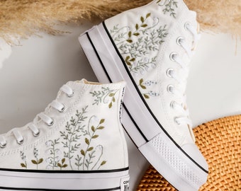 Custom Embroidered Wedding Shoes, Wildflowers Embroidered Converse, Bridal Flowers Embroidered Sneakers, Personalized Bridal Sneakers Gift