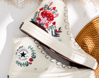 Embroidered Converse, Red Mushrooms Embroidered Sneaker, Mushrooms Embroidered Converse Shoes, Converse Embroidery Mushrooms, Unique Gifts