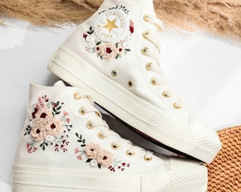 Platform Wedding Converse for Bride, Pale Pink Peony Embroidered Shoes, Bridal Flower Embroidery Sneakers for Wedding, Rustic Wedding Gifts