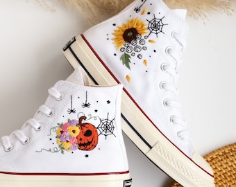 Zapatillas Converse Chuck Taylor personalizadas con bordado de Halloween, zapatillas con bordado de calabaza, zapatillas altas Converse con bordado de fantasma personalizadas