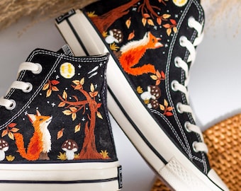 Fox Embroidered Converse, Autumn Fox And Moonlight Forest Embroidery Converse Shoes, Fox and Flowers Embroidered Sneakers, Personalized Gift