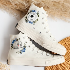 Customized Name Wedding Sneakers, Date, Flowers Embroidered Converse Custom, Flower Embroidered Shoes, Custom Anniversary Gifts for Couples