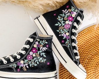Custom Embroidered Converse, Gardens Flower Embroidered Shoes, Purple Flowers Embroidered Sneakers, Converse Embroidery Unique Gifts for Her