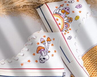 Zapatillas altas Converse bordadas de Halloween personalizadas, Converse con diseño de calavera y hongo, zapatillas con arte fantasma psicodélico, regalo de Halloween