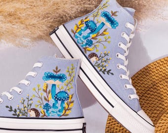 Custom Converse Chuck Taylor Mushrooms Embroidered Converse Shoes, Embroidered Converse Hedgehog, Custom Blue Mushrooms Embroidered Sneakers