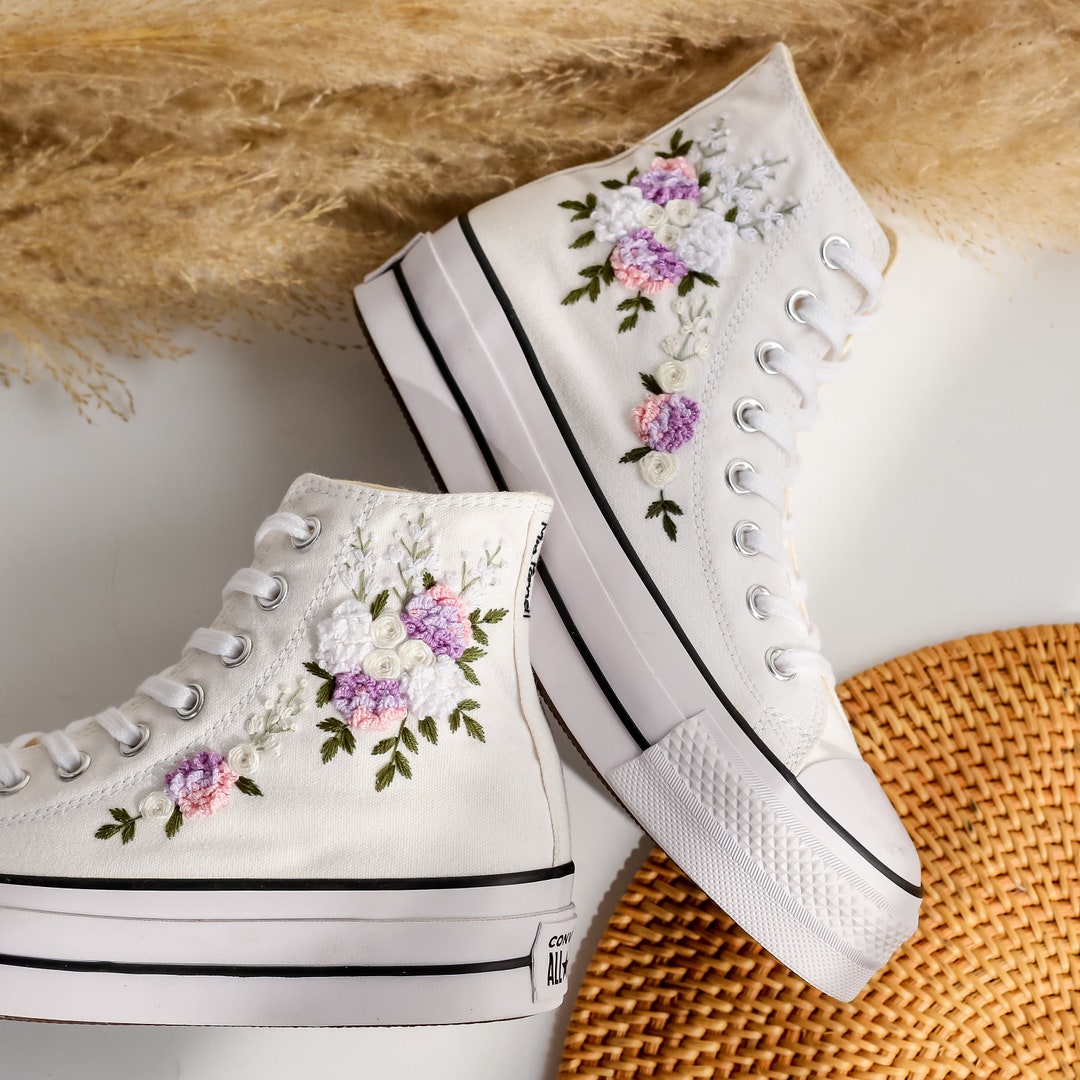 Custom Embroidered Wedding Sneakers, Wedding Flowers Embroidered