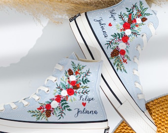 Christmas Flower Embroidered Couple Converse, Custom Shoes Embroidery Couple Names, Holiday Gift for Lovers, Unique Merry Christmas Sneakers