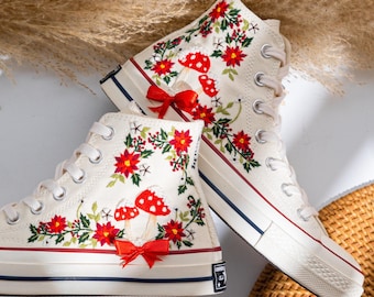 Unique Custom Embroidered Converse High Top, Converse Embroidery Floral With Red Mushrooms & Ribbon Detail, Custom Shoes Holiday, Women Gift