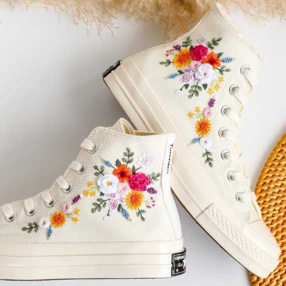 Custom Converse Wedding Sneakers Rainbow Bridal Flowers Embroidered Shoes Sunflower Daisy Dahlia Embroidered Sneakers Rustic Wedding Gift