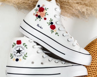 Wedding Converse Platform for Bride, Custom Flower Embroidered Converse Platform, Flowers Embroidered Shoes, Personalized Bridal Sneaker
