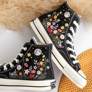 Custom Embroidered Converse, Gardens Flower & Moon Embroidered Shoes, Peony, Poppies, Rose, Daisy Embroidered Sneakers, Unique Gifts for Her