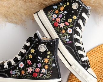 Custom Embroidered Converse, Gardens Flower & Moon Embroidered Shoes, Peony, Poppies, Rose, Daisy Embroidered Sneakers, Unique Gifts for Her