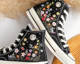 Individuell bestickte Sneakers, Gartenblumen & Mond bestickte Schuhe, Pfingstrose, Mohnblumen, Rose, Gänseblümchen bestickte Turnschuhe, einzigartige Geschenke für Sie