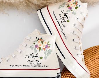 Wedding Converse for Bride, Bridal Flowers Embroidered Converse Shoes, Wedding Flowers and Name Embroidered Sneakers Custom, Wedding Gift