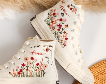 Custom Wedding Sneakers, Wedding Flowers Embroidered Shoes, Bridal Flowers Embroidered Converse Custom, Wedding Flowers Embroidered Sneakers